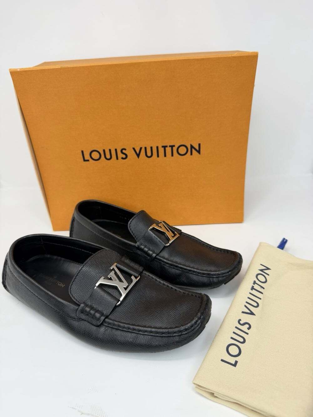 Louis Vuitton Monte Carlo Moccasin Black Leather Loafers Men LV 7.5 US 8.5 Box